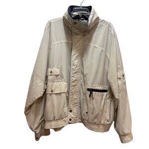 Men’s VTG Towncraft XL Beige Bomber Jacket Elastic Hem‎ Multiple Pockets Hood
